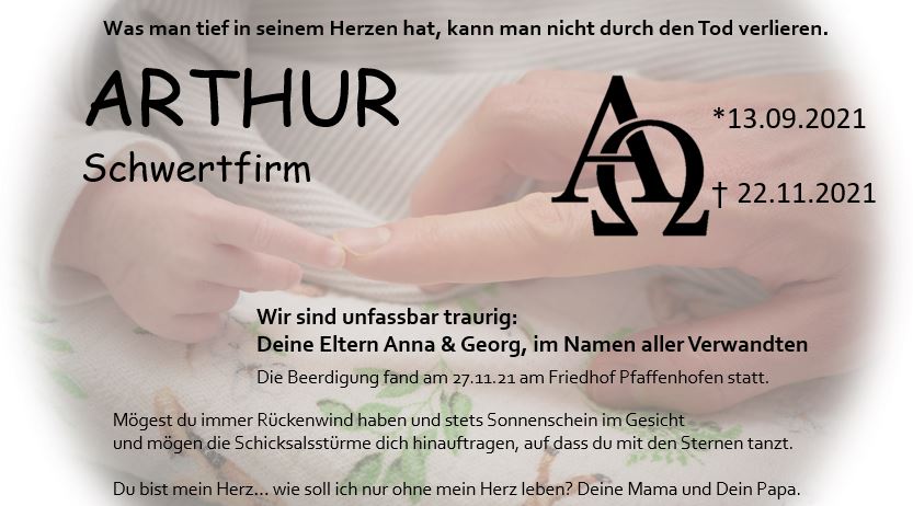 Todesanzeige für meinen SohnArthur Schwertfirm mit Foto, Lebensdaten, Trauertext und persönlicher Botschaft.